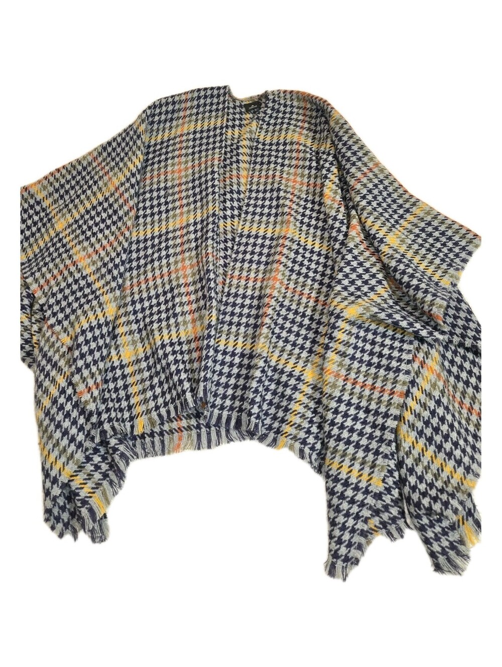 V. Fraas Open Front Poncho Blue Gray Houndstooth Window Pane W Fringe Women's 1